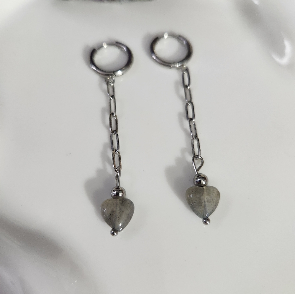Handmade Labradorite Heart Huggie Drop Earrings